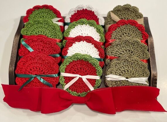 Crochet Christmas Coasters, Set of 4 Merceriz...