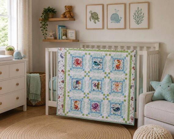 Happy Ocean Life Baby Quilt: Sea Creatures, N...