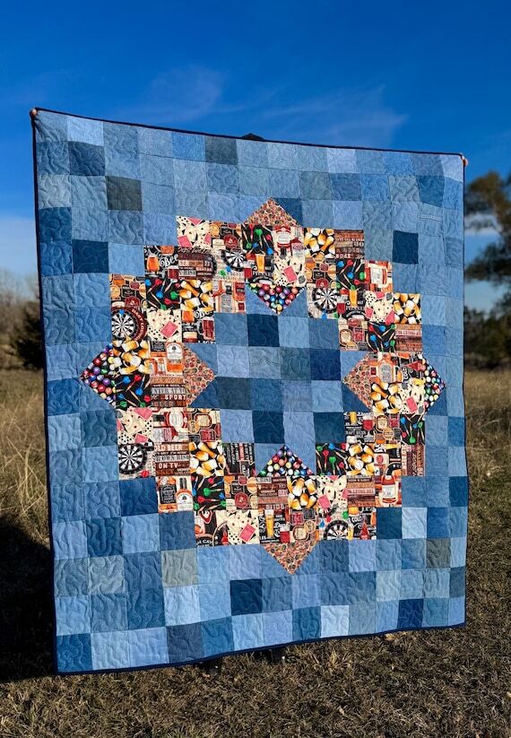 NEW Handmade Brews & Denim Large Throw Quilt,...