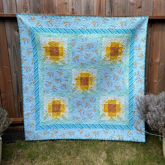Sunflower Picnic Blue and Yellow Quilt, 57 (No Social Media) ...