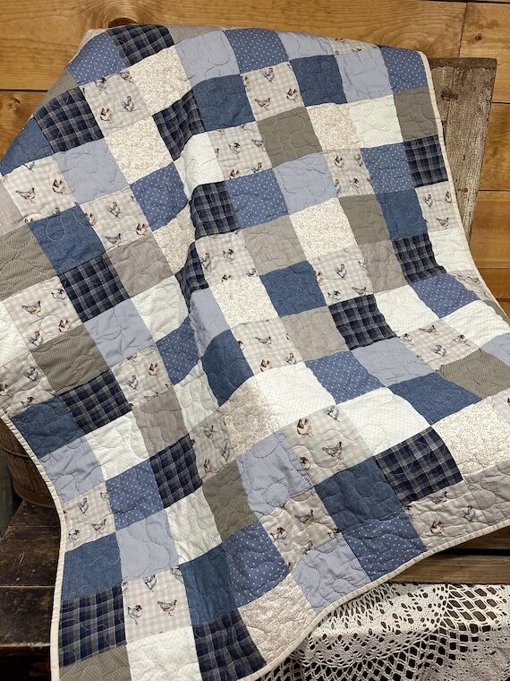 Chicken Blue and White Patchwork Throw Quilt...