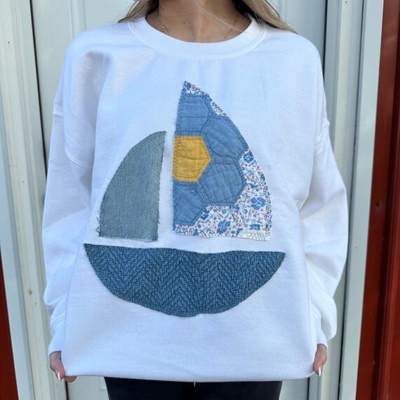 Upcycled Quilted Crewneck: Vintage Sailboat D...