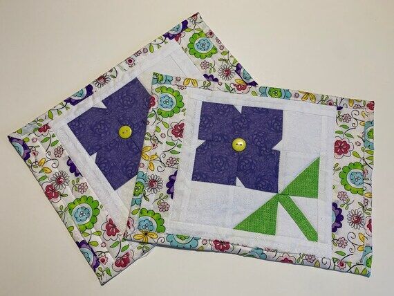 Floral Quilted Mug Rugs Set of Two Purple Gre...