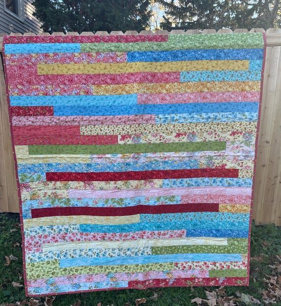 Handmade Floral Jelly Roll Quilt: Pink, Yello...