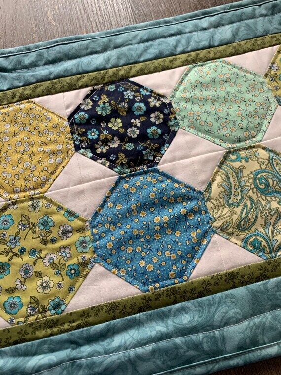 Handmade Floral Quilted Table Runner: Blue, G...