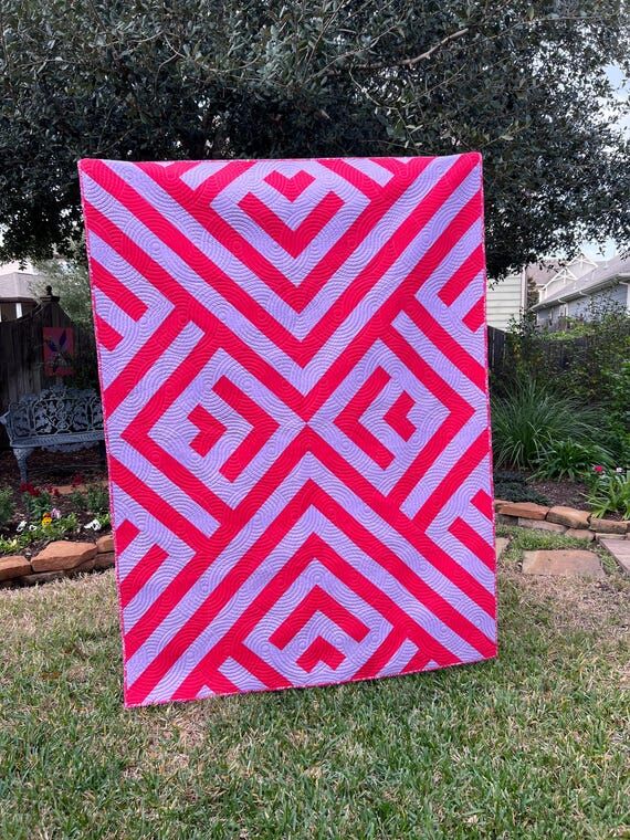 Handmade Modern Quilt | Purple & Red Geometri...