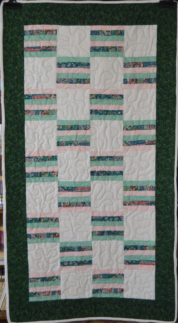 Green, White & Pink Small Quilt, Handmade and...