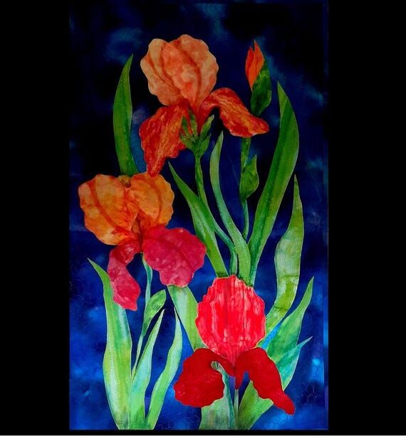 Floral Fiber Art Quilt: Iris Wall Hanging, Te...