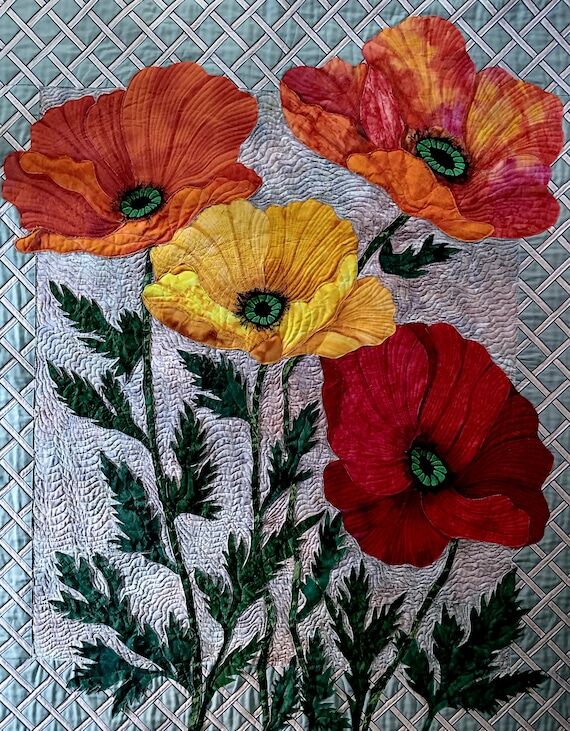 ART QUILT 44 (No Social Media) 54 Inches Poppies Quilted Wall...