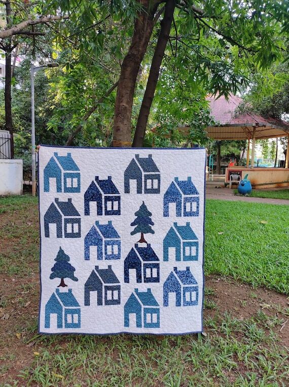 House quilt, blue and white throw quilt, scho...