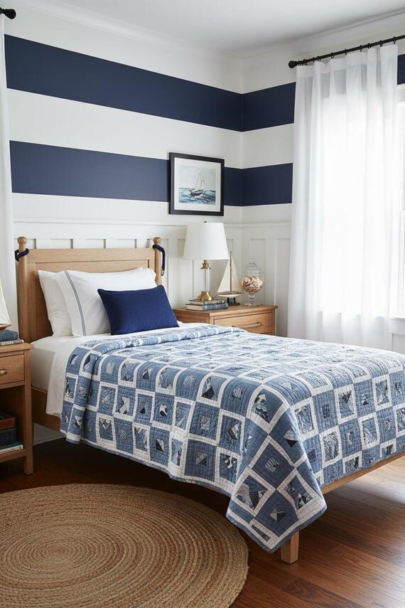 Modern Twin Quilt, Upcycled Denim Blues and W...