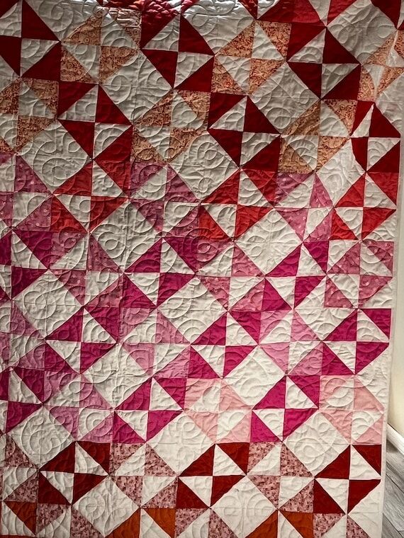 Large quilt throw pink, rust prints 65x80 inc...