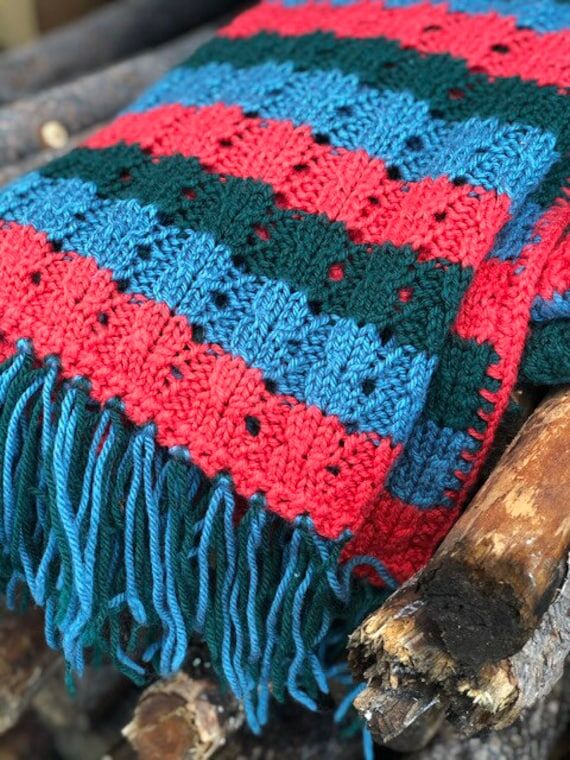 Vintage Striped Knit Afghan: Red, Green, and ...