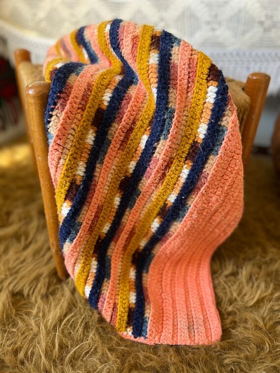 Vintage Crocheted Afghan: Aztec Coral Throw B...