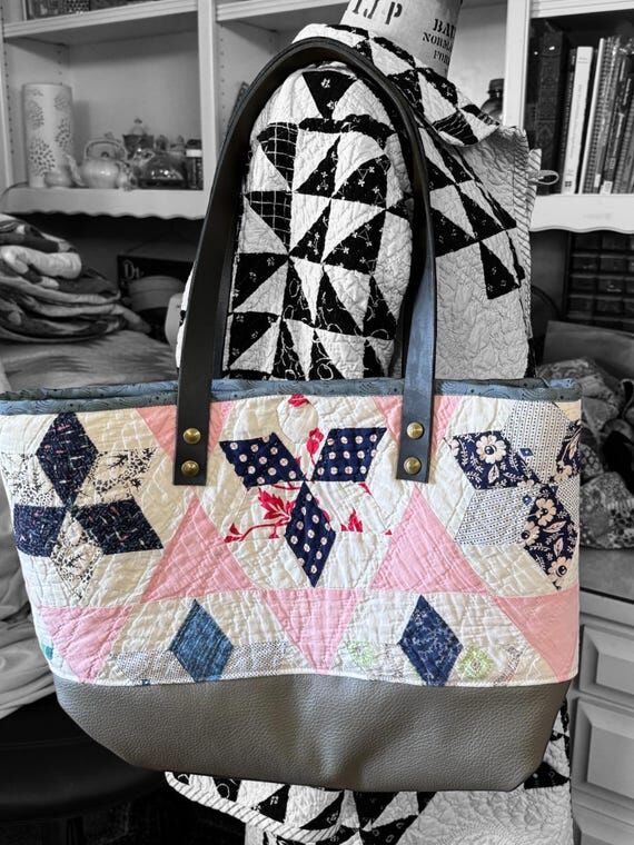 Patchwork Tote Bag with Leather Base and Stra...
