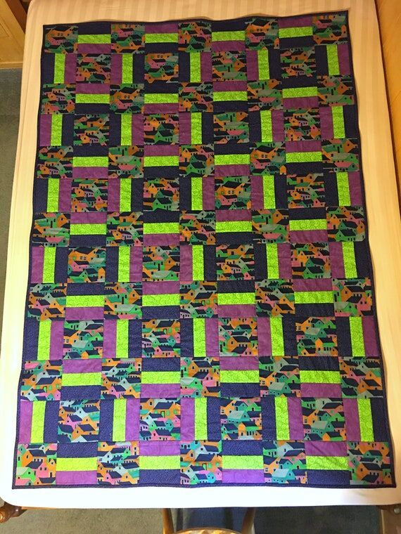 Village Houses Quilt, Blue Purple Patchwork, ...