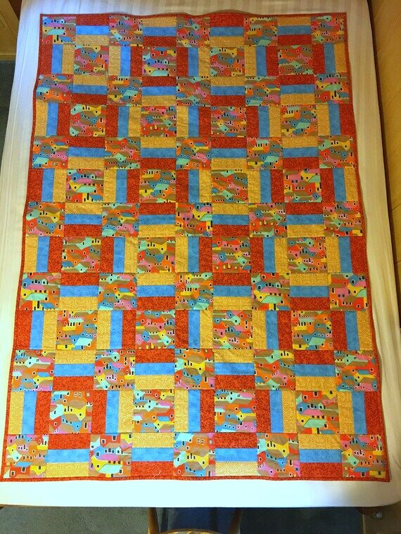 Village Houses Patchwork Quilt, Orange Yellow...