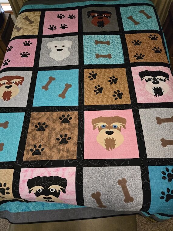 Handmade Schnauzer Quilt: Appliqued Dog Faces...