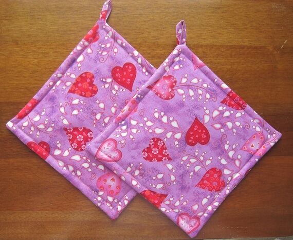 Valentine's Day Red Hearts on Lavender Quilte...