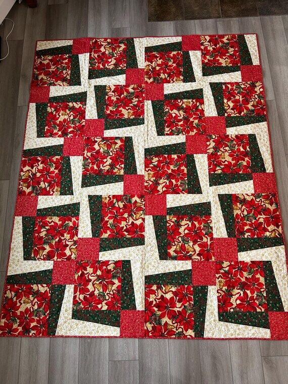 Poinsettia Pine Cone Snowflake Handmade Quilt...