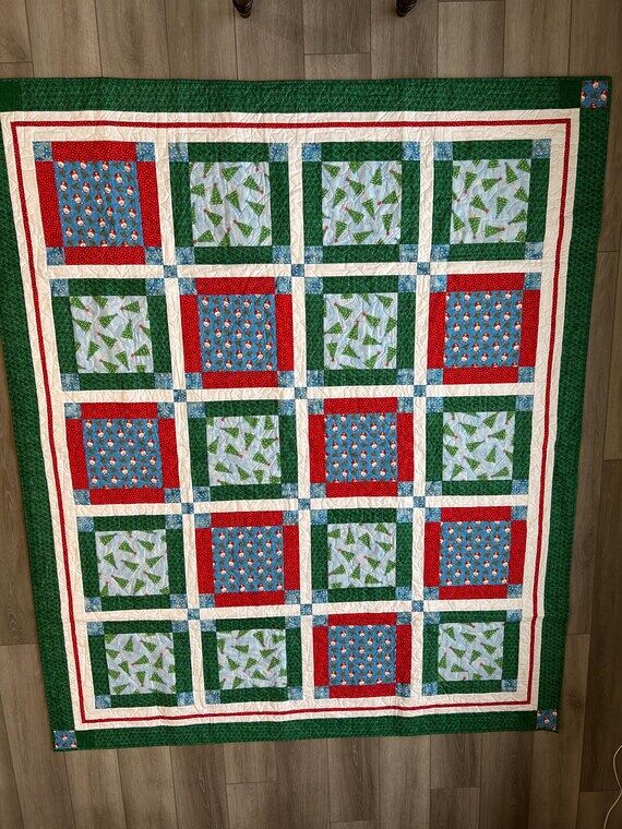 Santa Christmas Tree Handmade Quilt Blue Red ...