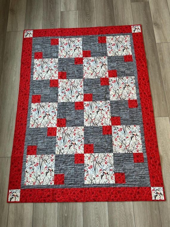 Chickadee handmade quilt, red, grey, black, s...