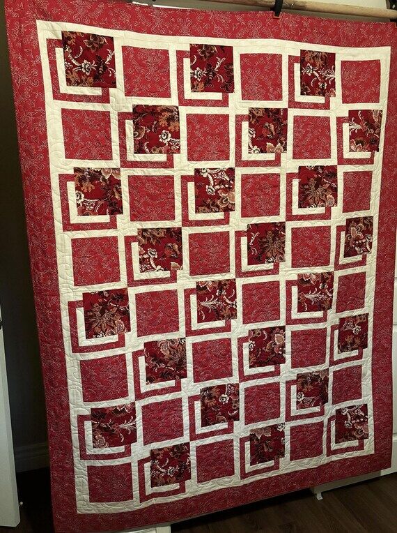 Handmade Quilt Red Floral Patchwork 69x74 Lap...