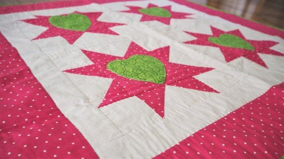 Heart in Star Baby Quilt: Pink & Green Nurser...