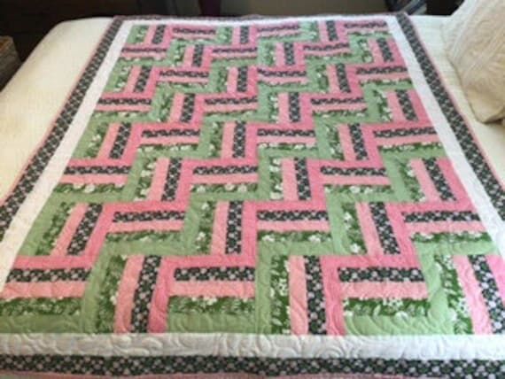Rail Fence Quilt, Pink & Green Patchwork, Cot...