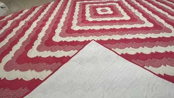 Handmade Pink & Cream Floral Queen Quilt, Tra...