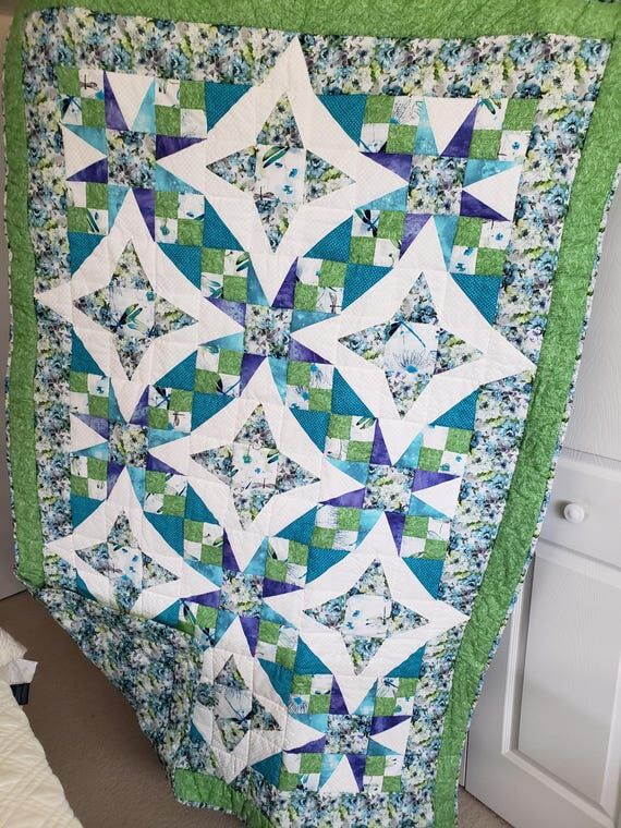HANDMADE QUILT dragonfly & floral...