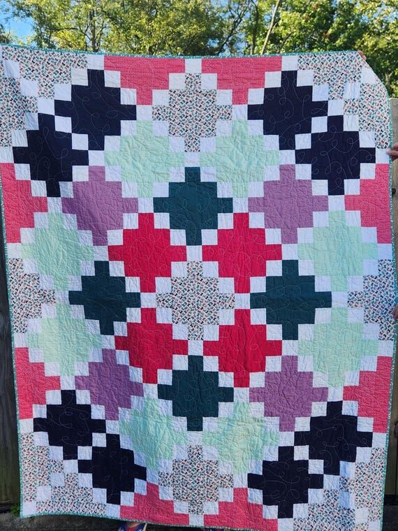 Handmade Throw Quilt, Pink Purple Aqua, Butte...