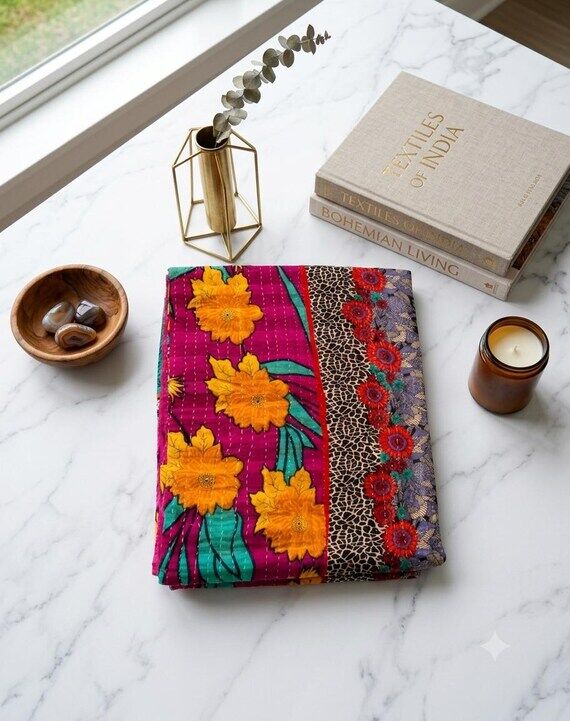 Handmade Cotton Kantha Quilt, Vintage Sari Pa...