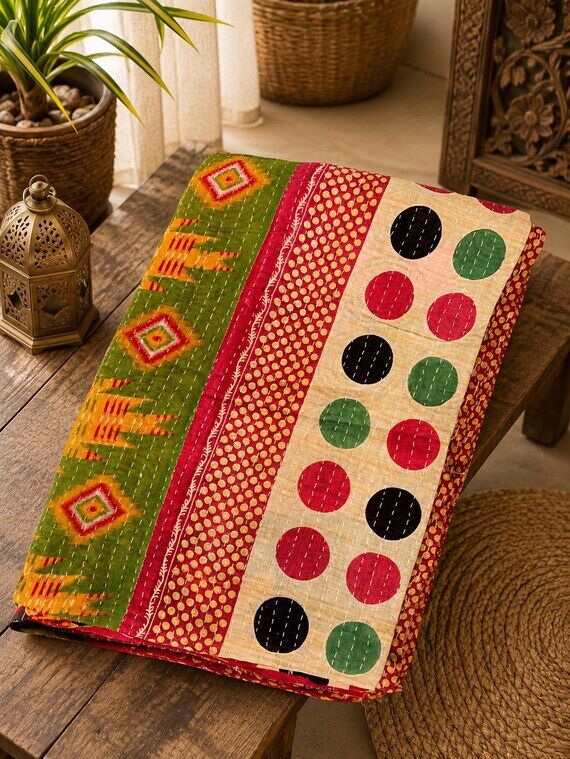 Indian Kantha Quilt, Colorful Cotton Patchwor...
