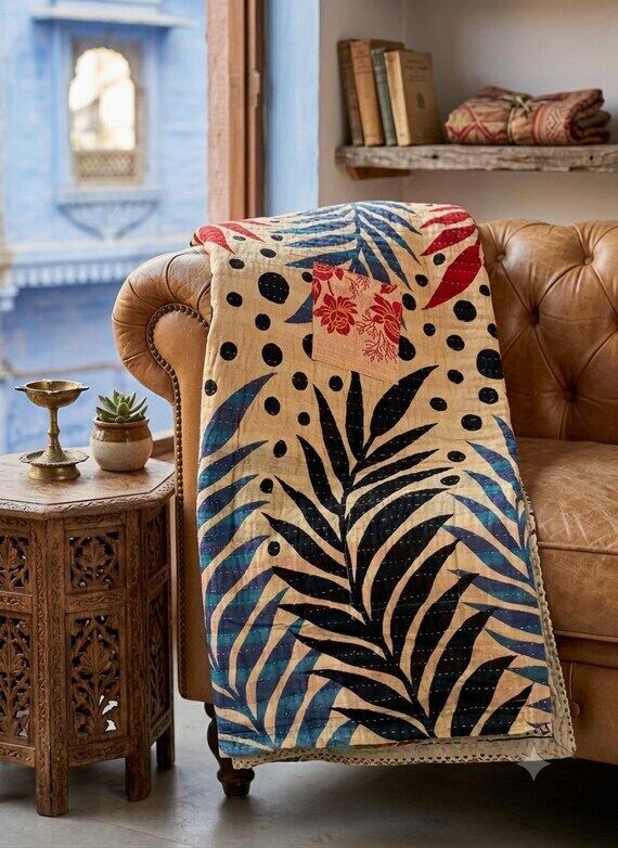 Hand Block Print Kantha Quilt, Boho Chic Palm...