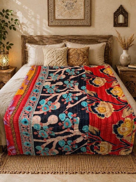 Handmade Indian Kantha Quilt, Vintage Cotton ...