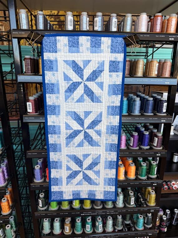 Winter Snowflake Table Runner, Quilted Blue &...