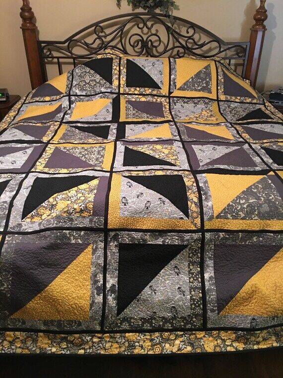 Queen 84 (No Social Media) 100 yellow, black, and grey quilt....