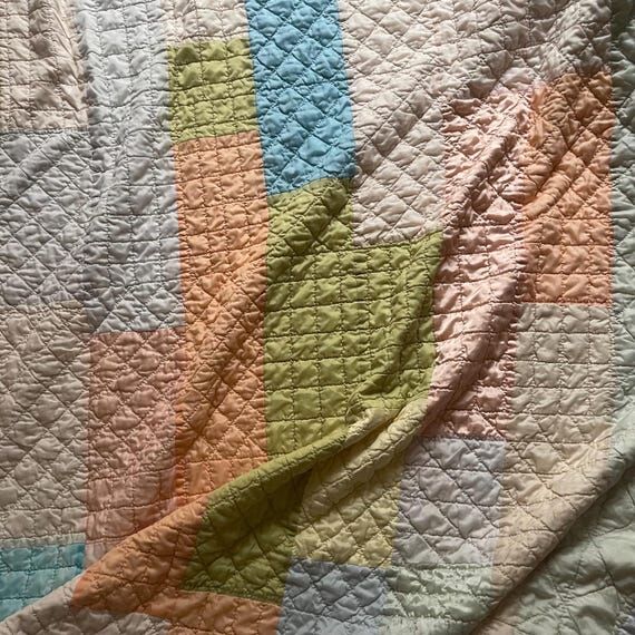 Vintage Pastel Satin Patchwork Quilt - Handma...