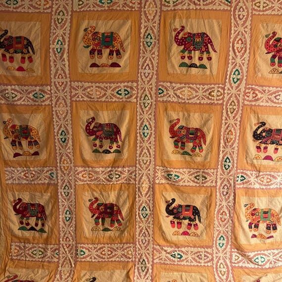 Vintage Indian Appliqué Elephant Bedspread -...