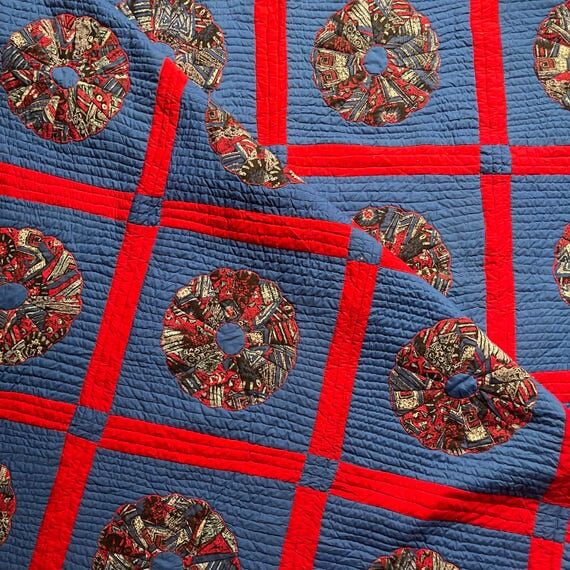 Handmade Blue Red Donut Quilt - Bold Patrioti...