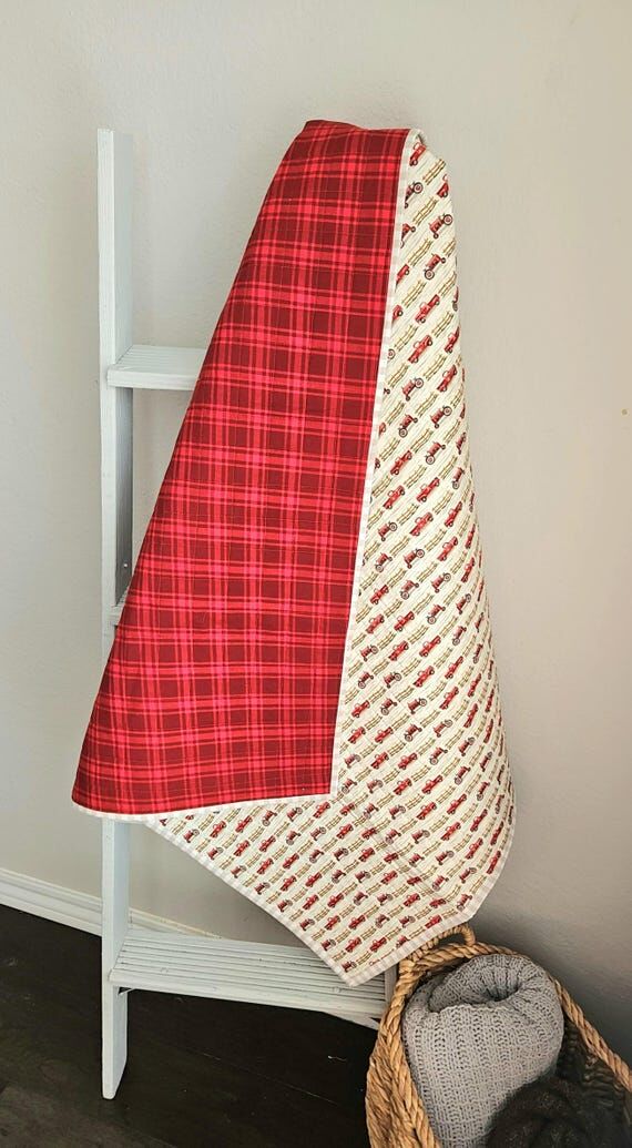 Handmade Farm Tractor Baby Quilt: Red Plaid C...