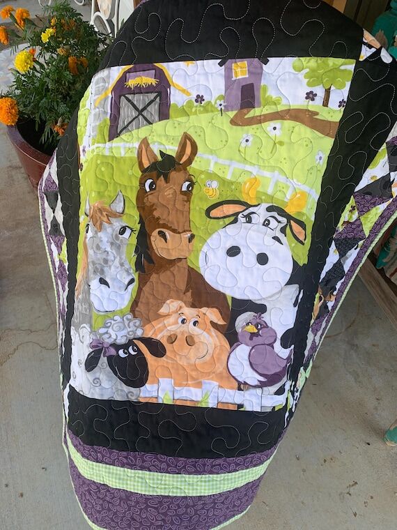 Handmade Nursery Blanket - Farm Animal Baby Q...