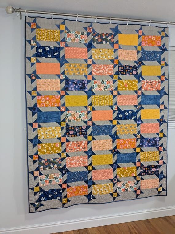 Handmade Patchwork Star Quilt, Blue Yellow Me...