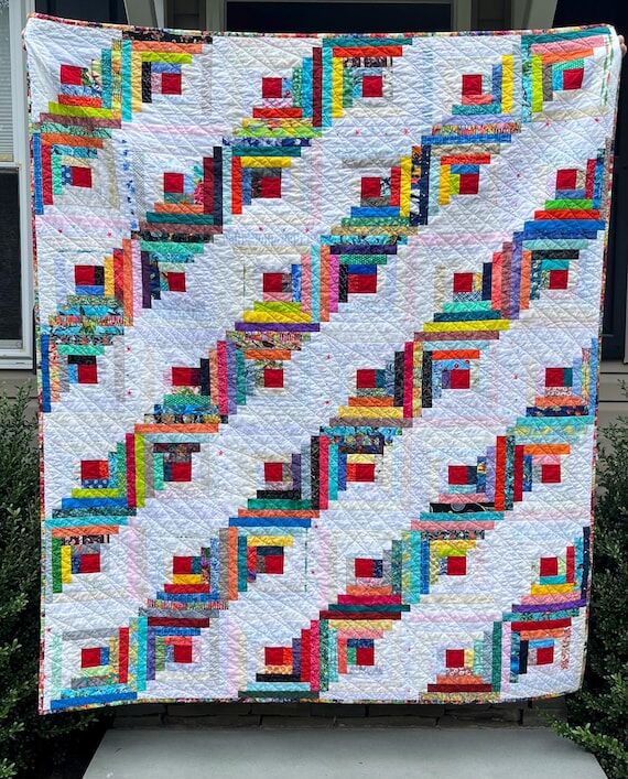 Handmade Cotton Log Cabin Quilt – Multi-Col...