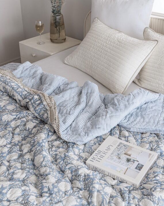Dusty Blue Cotton Quilt, Indian Hand Block Pr...