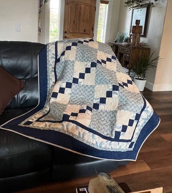 Handmade Navy Throw Quilt, Modern Patchwork D...
