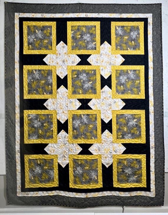 Modern Geometric Quilt, Grey Gold Minky Throw...