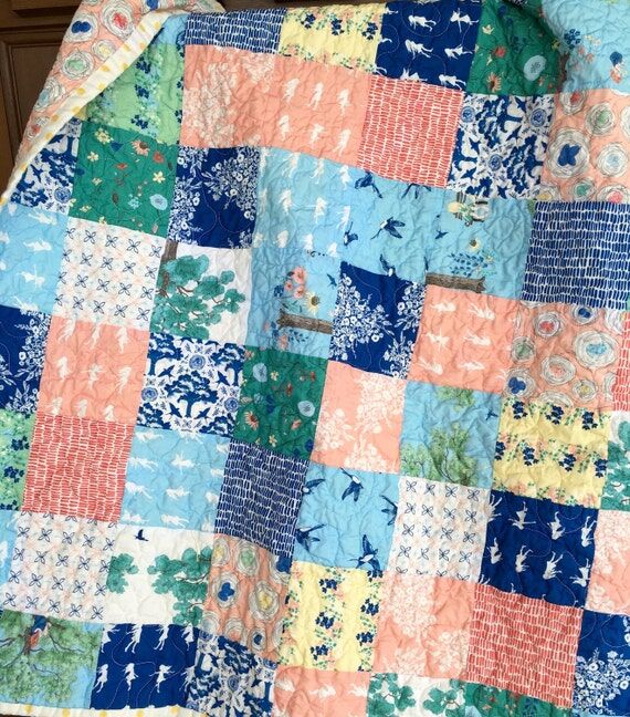 Ready to ship Meadowlark baby quilt, blue bir...