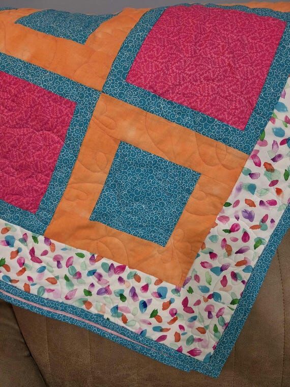Handmade Quilt Pink, Teal, Orange Block...